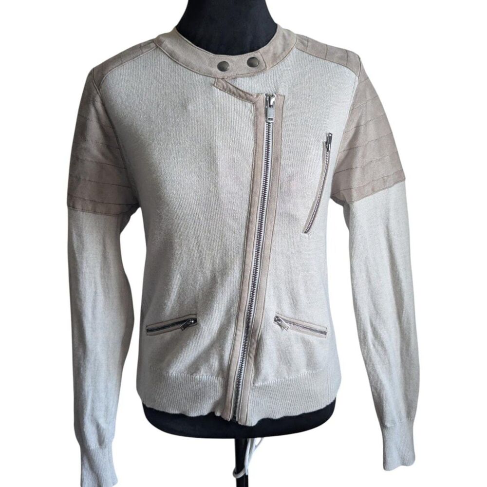 Banana Republic Merino Wool Suede Trim Moto Jacket Sweater Beige Full Zip Mens M